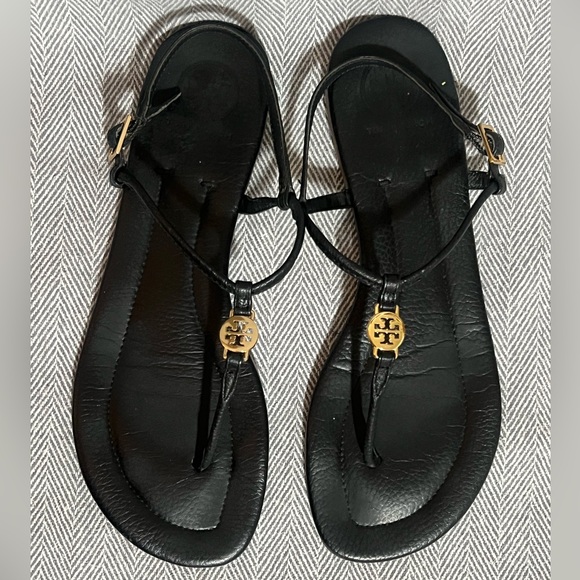 Tory Burch Emmy T-Thong Flat Ankle Strap sandals~Size:10.5~in black leather - Picture 1 of 7